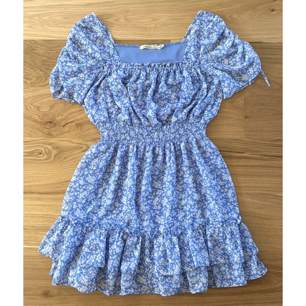 Liberty Love Ditsy Floral Mini Dress XL Blue Peasant Milkmaid Boho Romantic